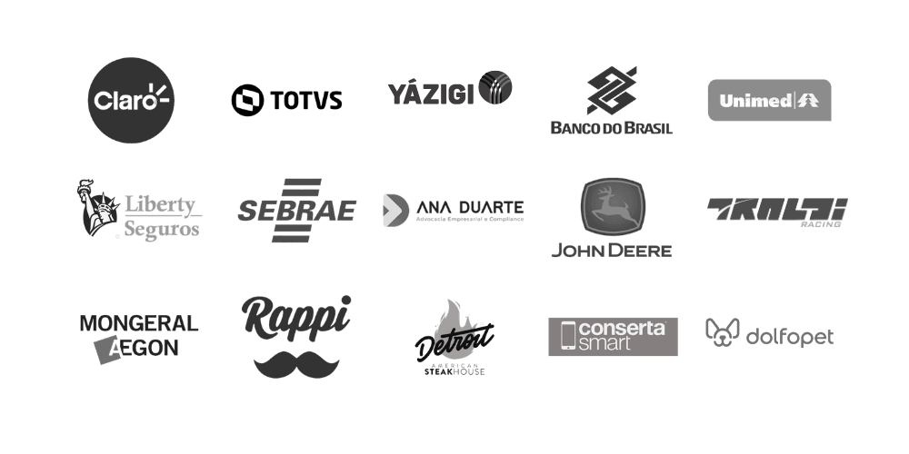Marcas atendidas pela GREEKy: Liberty Seguros, Unimed, Claro, John Deere, Sebrae, Rappi, TOTVS, Banco do Brasil e outras